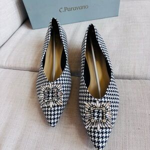C.Paravano Women’s Crystal Buckle Tweed Flats (Aida) Size 41 10.5us Black &White